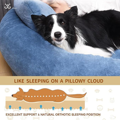 Human Dog Bed for Adults, 71"x51"x12" Washable Orthopedic Size, Faux Fur Removable, Cozy Large Present with Blanket and Pillow, Grayish Blue