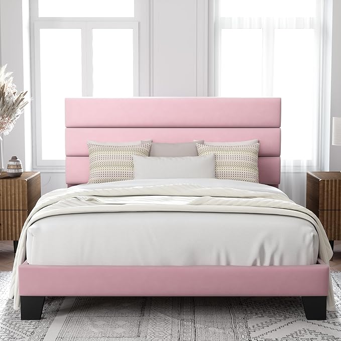 Allewie Full Size Platform Bed Frame with Velvet Upholstered Headboard and Wooden Slats Support, Fully Upholstered Mattress Foundation/No Box Spring Needed/Easy Assembly, Pink