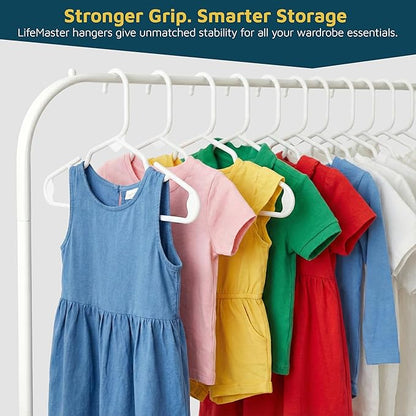 Lifemaster Plastic Kids Clothes Hanger – Children Clothes Hanger with Shoulder Notch, 11.6 Inch Space-Saving Closet Organizer for Baby, Toddler, and Kids Clothing, Hold Up To 5 lbs, Pack of 100, White