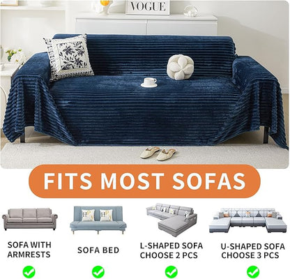 HAOMAIJIA Faux Fur Sofa Covers Couch Covers for 3 Cushion Couch Sofa Pet Friendly Soft Non Slip Couch Cover for Dogs Washable Sectional Couch Covers L Shape Furniture Protector (Navy Blue, 71"x134")