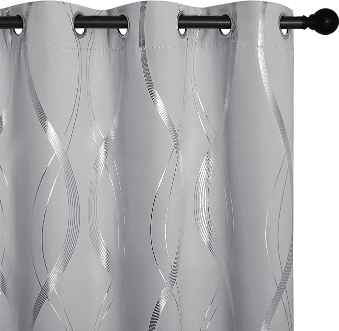 NICETOWN Silver Grey Pattern Curtains for Bedroom, 52 x 84 Inch Noise Reducing Thermal Insulated Wave Line Foil Print Design Room Darkening Window for Patio Sliding Glass Door(2 Panels)