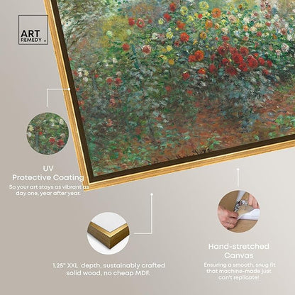 Art Remedy Monet-Garden With Dahlias Impressionism Classic Landscape Paintings Canvas Wall Art, Gold Floater Frame, 36"x54"