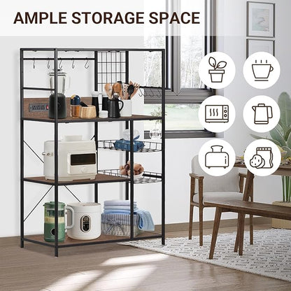 Bakers Rack with Power Outlet, Microwave Stand with Storage, Coffee Bar Organizer Cabinet with Wire Basket, Kitchen Shelf for Spices, 10 Hooks, Industrial, Brown