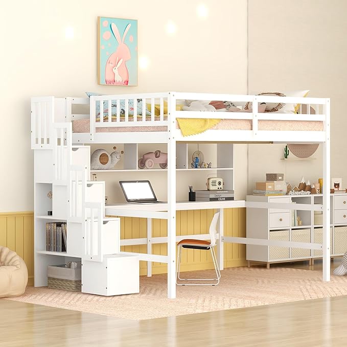 HomSof Full Size Loft Bed with Built-in Desk, Bookshelves and Storage Staircase,White