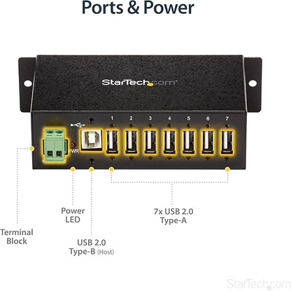 StarTech.com 7-Port USB 2.0 Hub - Metal Industrial USB-A Hub with ESD Protection & 350W Surge Protection - Din Rail, Wall or Desk Mountable - TAA Compliant USB Expander Hub (ST7200USBM)