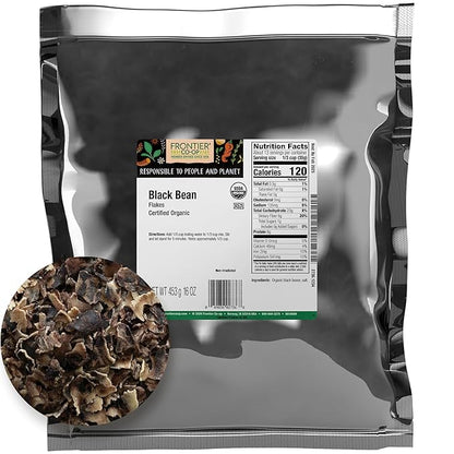 Frontier Co-op Organic Black Beans Flakes 1lb - For Black Bean Burger Patties, Dry Bean Soup Mix, Black Bean Dip and More