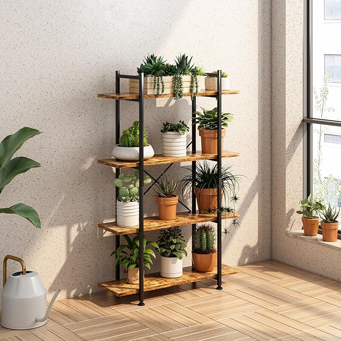4 Tiers Bookshelf Rustic Brown Wooden Storage Shelf, Industrial Shelf Book Organizer,Modern Open Display Storage Bookcase,Metal Bookshelf Standing Tall Shelving Units for Home Office Study.