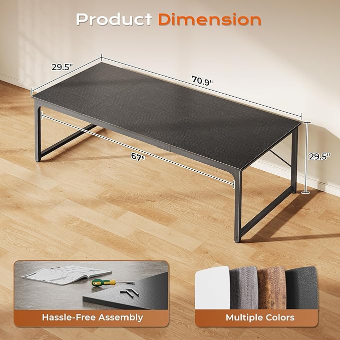PRAISUN 70.8 X 29.5 Inch Computer Desk with Deeper Desktop, Gaming Office Writing Work Desk for Home Office, Study, Bedroom, Work from Home, Metal Frame, Black