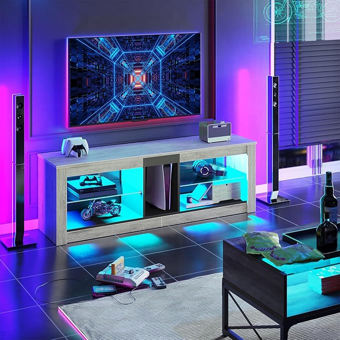 Bestier Entertainment Center LED Gaming TV Stand for 55+ Inch TV Adjustable Glass Shelves 22 Dynamic RGB Modes TV Cabinet Game Console PS4, Wash Gray