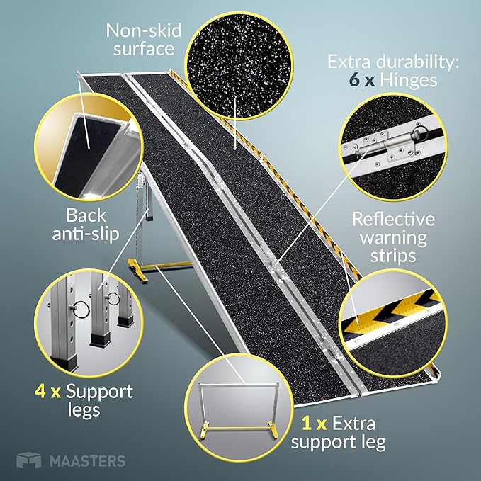 Wheelchair Ramp 12 Feet - Aluminum Long Portable Ramp - Loading Capacity 600 lbs - Portable 12 Foot Wheelchair Ramp with 2 Extra Support Leg