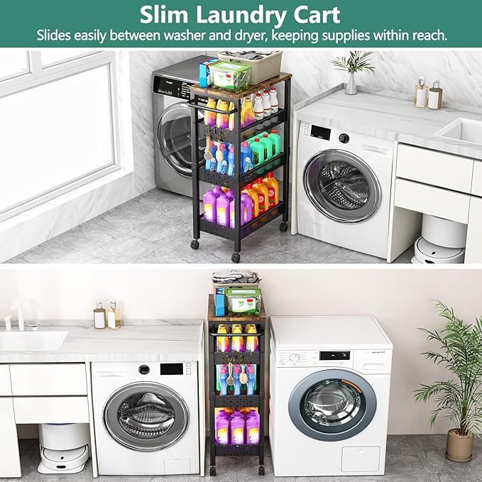 Utility Slim Storage Cart with Wheels, 4-Tier Narrow Rolling Organizer Shelf with Wood Top, Metal Storage Rack and Space-Saving Organizer for Bathroom, Kitchen, Laundry Room, Small Spaces