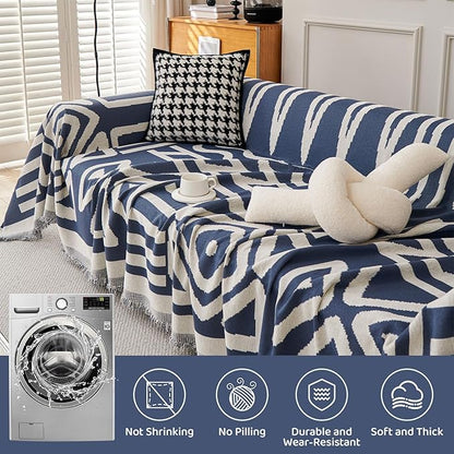 STACYPIK Boho Chenille Blue Sofa Cover L Shaped Couch Cover Reversible Couch Cover for 3 Cushion Couch Non-Silp Furniture Cover for Dogs Cats Sectional Sofa Cover for Loveseat Futon Cover-91X150IN
