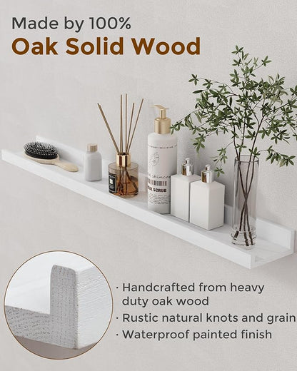 Axeman Oak Picture Ledge Shelf, 55 Inch Floating Shelves Set of 2, Solid Oak Wood Wall Shelves with Lip, Wall Decor Storage for Bedroom Living Room Bathroom Kitchen Nursery Photo Picture, White