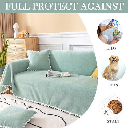 HANDONTIME Couch Cover for Sectional Sofa L Shape Light Green Cute Chenille Pet Couch Cover with Lace, Machine Washable, 71" X150