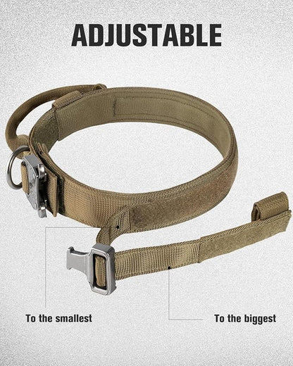 Joytale Tactical Dog Collar with Handle, Adjustable Heavy Duty Military Collar with 2 Patches for Training, Suitable for XLarge Dogs, Khaki, XL