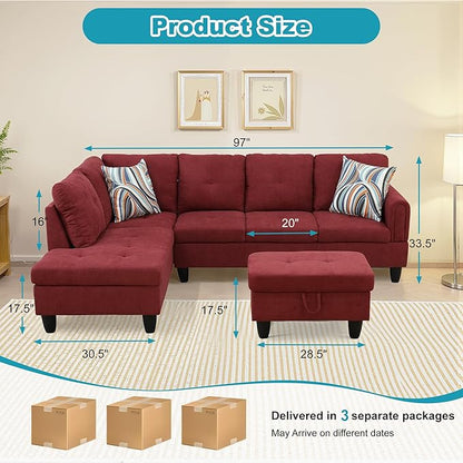 L Shaped Couch Modern Sectional Couch Upholstered Fluffy Fabric 3 Pieces Sofas for Living Room with Chaise, Storage Ottoman for Office and Small Apartment, Red