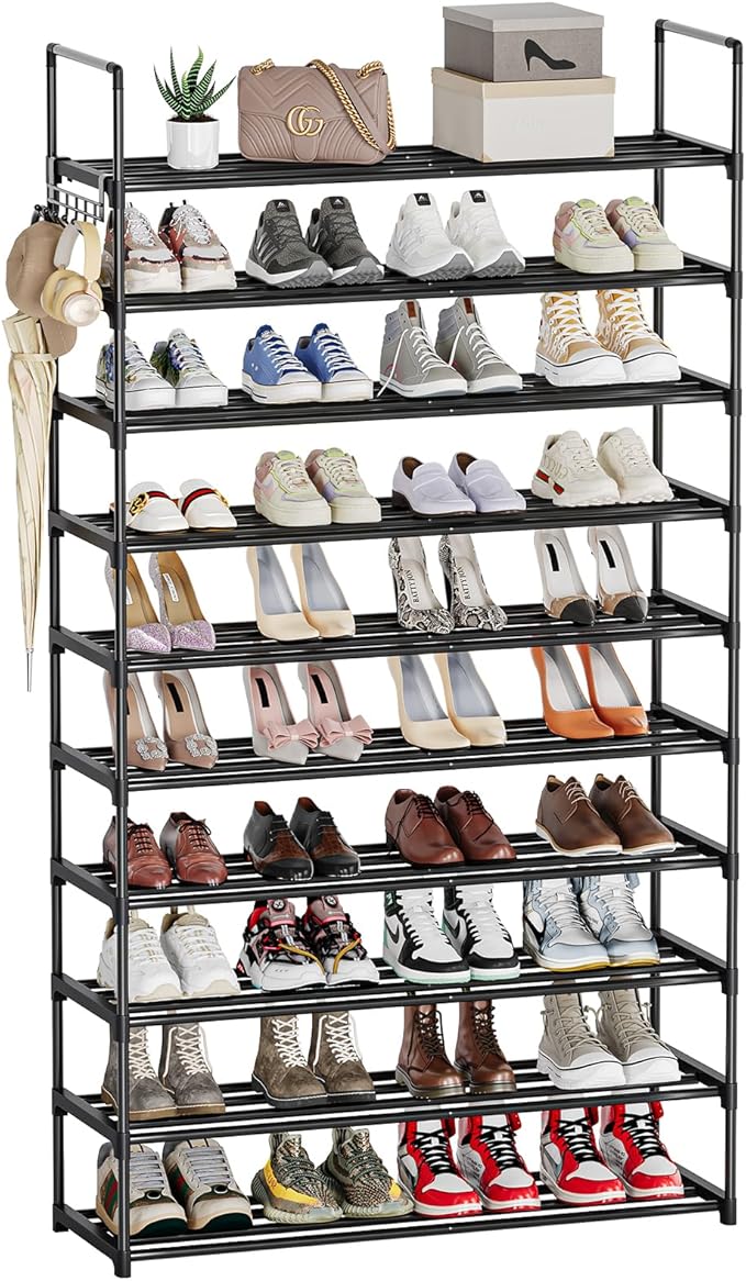 10 Tier Shoe Rack, Tall Shoe Rack for Entryway, Shoe Organizer for Closet, Shoe Storage for Front Door Entrance & Entryway, Large Long Shoe Stand Holder Adjustable Shelf Height