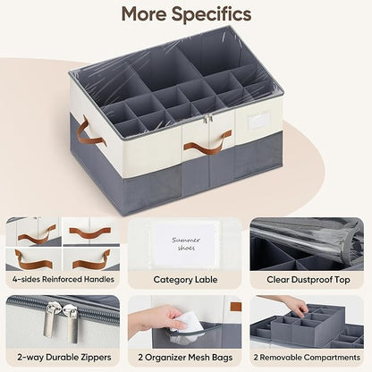 Shoe Organizer for Closet, 1 Pack Shoe Storage Container with Adjustable Dividers, Space Saving Shoe Box Storage Organizer Bin with Clear Lid and 4 Handles, Fits 12-24 Pairs, Beige & Grey