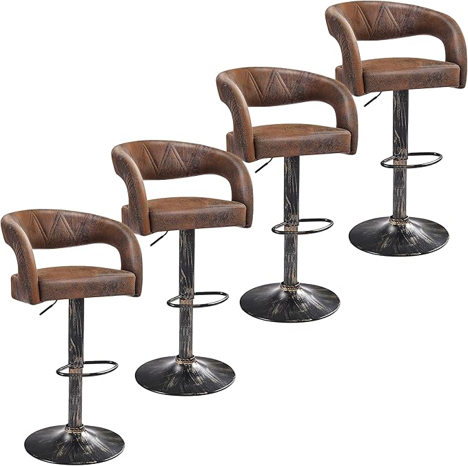 VECELO Bar Stools Set of 4 Adjustable Swivel Modern Pu Leather Barstools, Counter Bar Stools with Back and Arms, for Kitchen, Bar (Dark Brown)