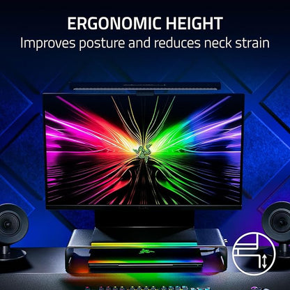 Razer Monitor Stand Chroma: 4 Port Hub - USB A 3.2, USB C 3.2, HDMI 2.0 - Ergonomic Height - Durable Aluminum Supports Up to 44 lbs - Organize Storage Shelf - Remappable RGB Buttons - Chroma RGB