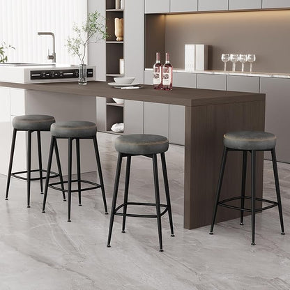 Counter Height Bar Stools, 26" H Backless Bar Stools Set of 2, Upholstered Faux Leather Kitchen Counter Stools, Mid Century Modern, Kitchen Island Home Bar, Pub, Black Grey