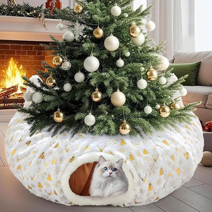 Cat Tunnel Christmas Tree Skirt, Cat Tunnel Bed with Hanging Toy Ball, Foldable Plush Cats Cave Donut Tunnel Christmas Decorations, Kitty Tunnel for Indoor Kitten Rabbit Puppy, White Gilded