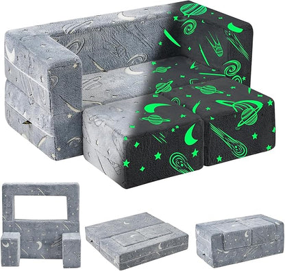 Kids Couch Sofa Modular Toddler Couch, Glow in The Dark 3 in 1 Fold Out Kids Sofa with Washable and Durable Covers for Boys, Galaxy Stars