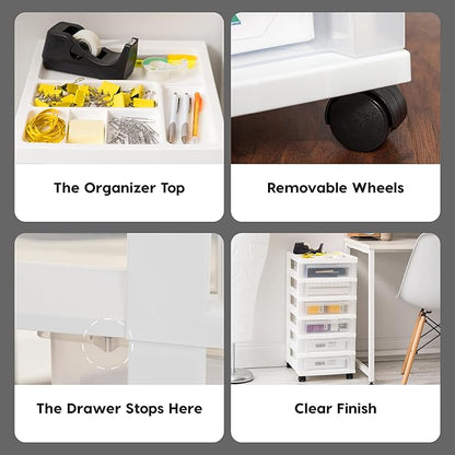 IRIS USA Plastic Drawer Storage Organizer Rolling Cart, with Wheels Casters, 6-Drawers, for Classroom Art Craft Supplies Dresser Closet Bathroom Laundry Room, White/Clear