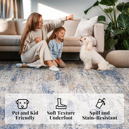 Area Rug Living Room Washable Rugs: 8x10 Modern Neutral Abstract Low Pile Non Slip Floor Carpet - Large Soft Thin Stain Resistant Rug for Bedroom Dining Indoor Office Home, Blue Brown
