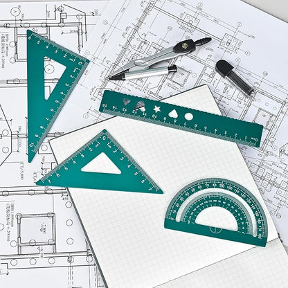 6 Pcs Metal Geometry Set, Math Geometry Kit, Metal Ruler Set and Compass Geometry Tool, Rulers Protractor and Compass Set for Student School and Drawings Supplies (Green)