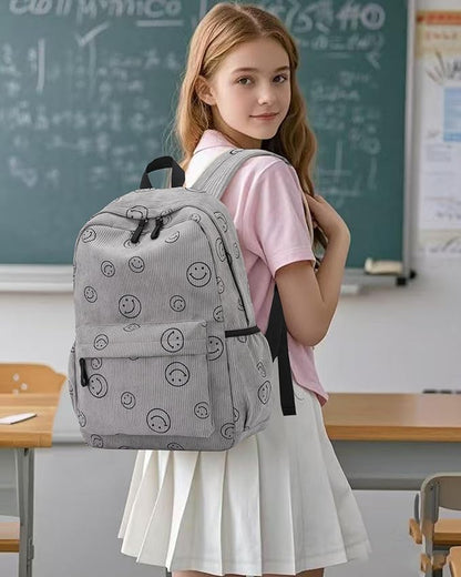 Backpack for Girls Boy Teen Corduroy Bookbags Elementary Middle High School Women Laptop Bag with Lunch Box Pencil Bag (Smile Grey)