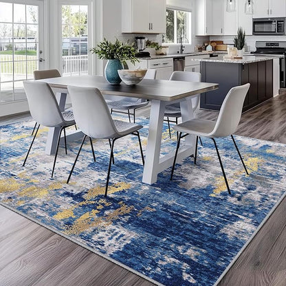 Washable Area Rugs 9'x12' Non-Slip Modern Abstract Soft for Living Room Entryway Bedroom Nursery, Print Pattern, Grey Blue Gold/Golden