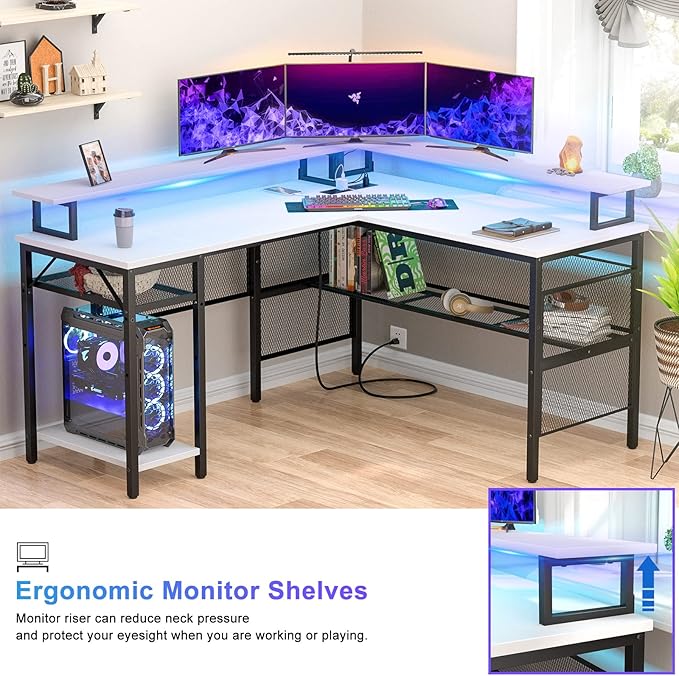 Unikito L Shaped Computer Desk with LED Strip and Power Outlets, Reversible Corner Desk with Monitor Stand and Storage Shelf, Modern Gaming Home Office Table with USB Ports, White