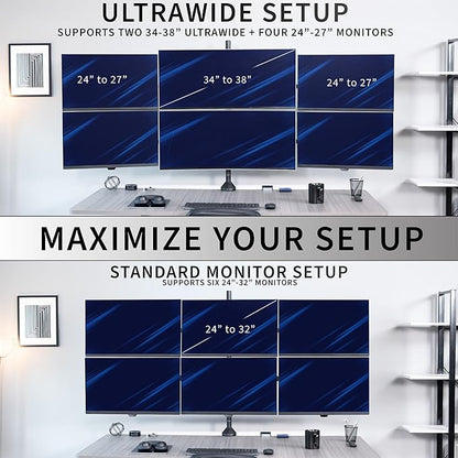 VIVO Premium Hex Ultra Wide LCD LED 27 to 38 inch Monitor Desk Mount, Heavy Duty C-clamp, Extra Tall Pole, Adjustable Telescoping Arms, Flush Wall Setup, Fits 6 Screens, Black, STAND-TS06C