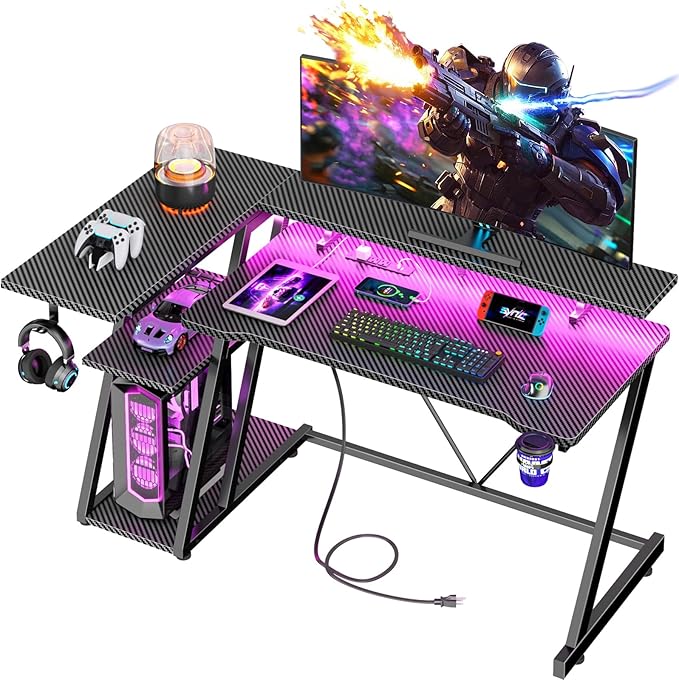 47 Inch Gaming Desk with Power Outlet & LED Lights, Corner Computer Desk with 3 Tiers Storage Shelves, Home Office Desk with Monitor Stand for Small Space, Carbon Fiber Black