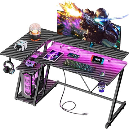 47 Inch Gaming Desk with Power Outlet & LED Lights, Corner Computer Desk with 3 Tiers Storage Shelves, Home Office Desk with Monitor Stand for Small Space, Carbon Fiber Black