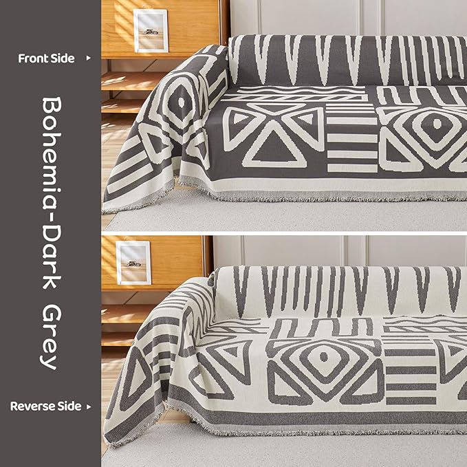 STACYPIK Dark Grey Chenille Couch Covers, Boho Sofa Covers for 2 Cushion Couch, Loveseat Couch for Sectional, Non Slip Couch Cover Tassels for L-Shaped, Multi-Use Jacquard Decorative Blanket-71X118IN