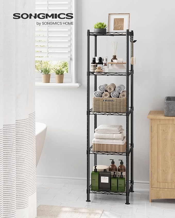 SONGMICS 5-Tier Bathroom Shelf, Storage Rack for Small Space, with 5 PP Shelf Liners, Removable Hook, Extendable Design, Ink Black and Translucent ULGR23BK