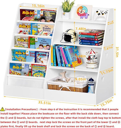 Lerliuo 4 Tier Kids Bookshelf and Storage Organizer, Five Layer Sling Children Bookcase, Baby Toddler Wooden Book Shelf, Display Cabinet for Playroom, Bedroom, Classroom, Nursery, School (White)