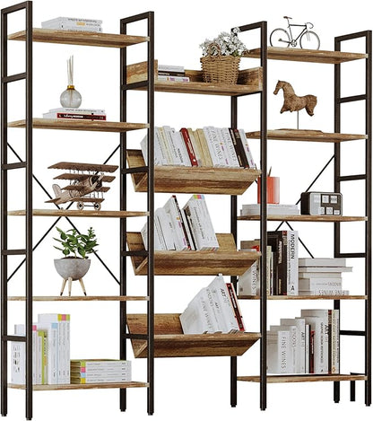 IRONCK Bookshelves and Bookcases 5 Tiers, Triple Wide Industrial Bookshelf, Large Etagere Bookshelf, Display Storage Bookshelves with Metal Frame for Living Room, Home Office