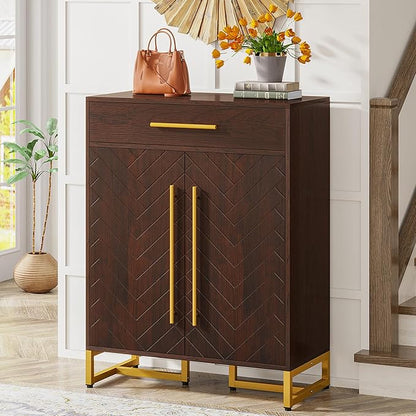 Tribesigns Shoe Cabinet with Doors, 20 Pairs Shoe Storage Cabinet with Drawer for Entryway, Modern Shoe Rack Organizer with Adjustable Shelves for Hallways Bedroom Living Room, Walnut & Gold