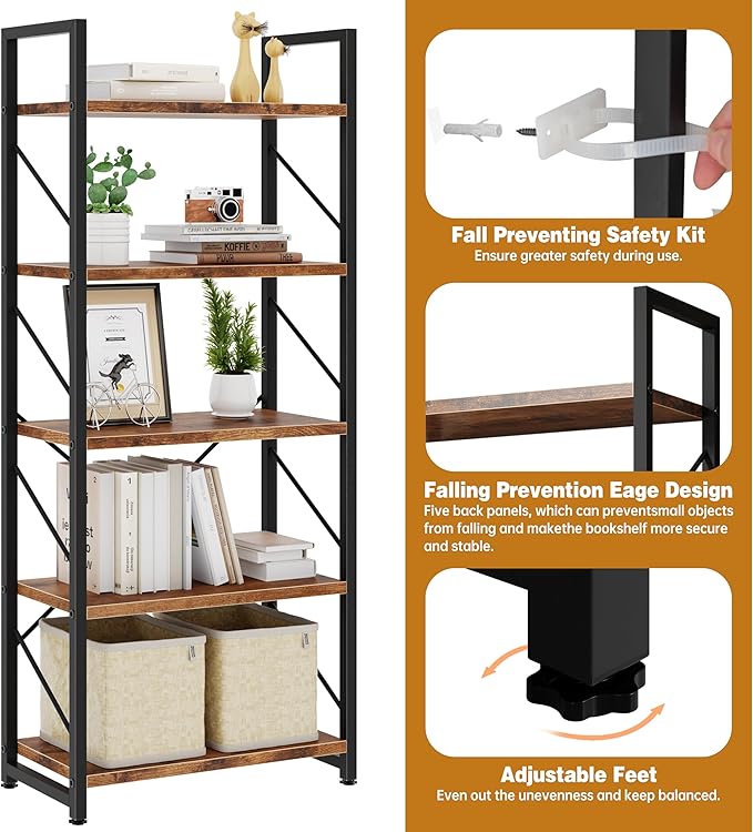 Bookshelf, 5 Tier Bookshelves, Home Office Bookcase Shelf Storage Organizer, Free Standing Storage Shelving Unit for Bedroom, Living Room and Home Office,Rustic Brown