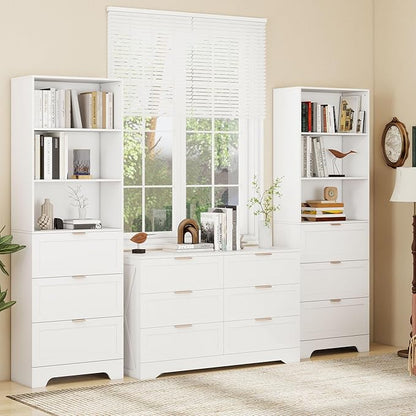 71" Tall Modern White Bookshelf with Storage 3 Drawers Freestanding Display Bookcase, Tall Book Shelf with Organizers and Storage, Display case for Home Office, Living Room,Study,White