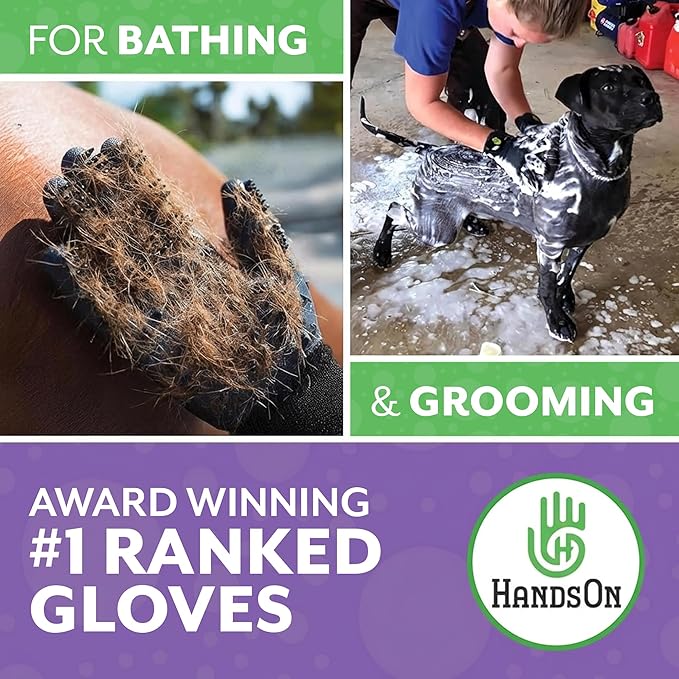 Handson Pet Grooming Gloves - Patented #1 Ranked, Award Winning Shedding, Bathing, Hair Remover Gloves - Gentle Brush for Cats, Dogs, and Horses (Purple, Large)
