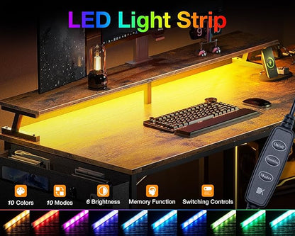 ODK 58 Inch Gaming Desk with USB Charging Ports and LED Lights, Reversible L Shaped Computer Desk with Storage Shelves & Monitor Stand, Corner Home Office Desk Table with Power Outlets, Vintage