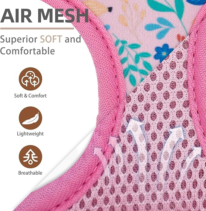 PUPTECK Soft Mesh Dog Harness and Leash Set Pet Puppy Cat Comfort Padded Vest No Pull Harnesses, Pink Floral, S