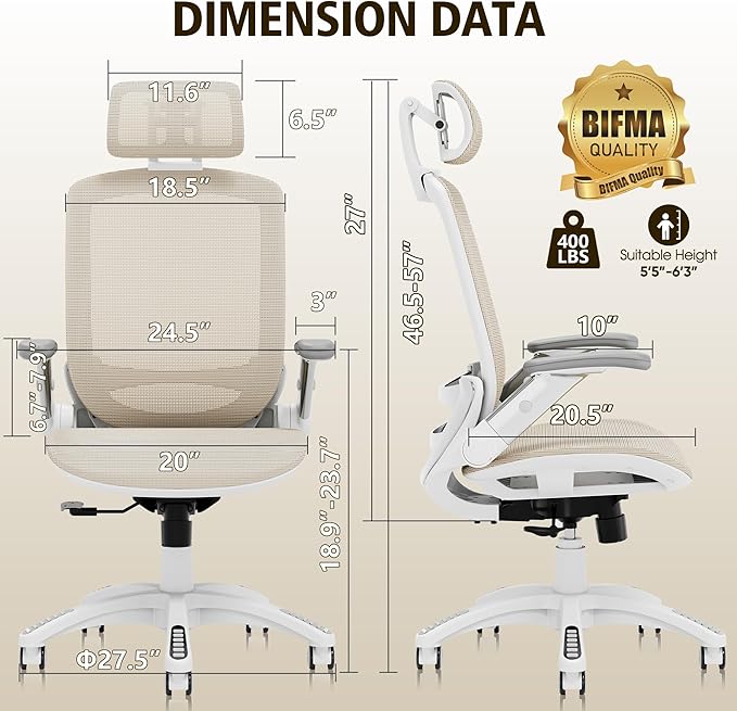 GABRYLLY Ergonomic Office Chair, High Back Home Desk Chair with Headrest, Flip-Up Arms, 90-120° Tilt Lock and Wide Cushion, 400LBS Mesh Chairs for Man Woman, White Task Chair(Beige,GY01WBG)