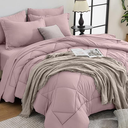 HEVUMYI Rose Gold Queen Comforter Set - 7-Piece All Season Bed in a Bag Queen, Ultra Soft Bedding Set with Comforter, Flat Sheet, Fitted Sheet, Pillowcases, Pillow Shams