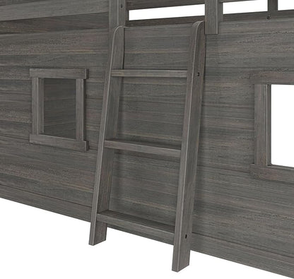 Max & Lily Modern Farmhouse Twin Low Loft Bed with Two Windows - Solid Wood, 15” Guardrails, 400-lb Capacity, Low-VOC Finish, Driftwood