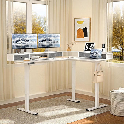 67" L Shaped Standing Desk, Electric Height Adjustable Corner Table with Drawers, Modern Standing Gaming Desk with Monitor Stand for Home Office Entertainment, Snow White